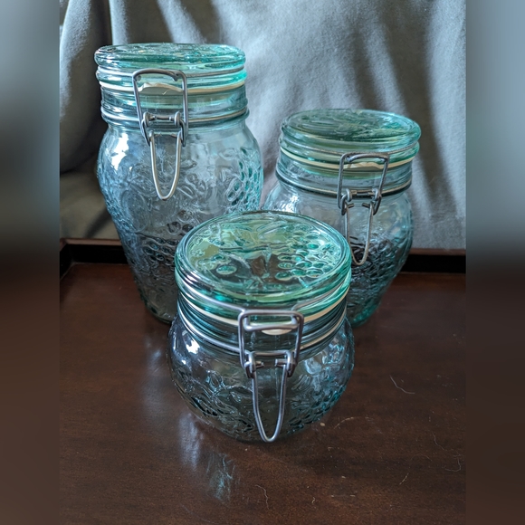 VTG. Libby Glass Embossed Flip Top Canisters with Ring Canada Set of 3 - Picture 2 of 10